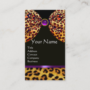 CARTÃO DE VISITA LETÃO DE PELO LEOPARD, MONOGRAMA DE GEMSTONE NEGRA