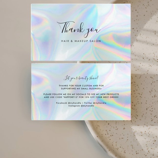 Cartão De Visita Letra holográfica para pequenas empresas Obrigado (Holographic Hair and Makeup Business Thank You Card)