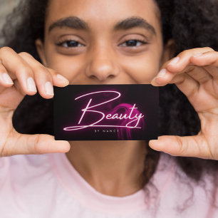 Cartão De Visita Letra Néon Rosa Quente e Bela Fumaça Script Salon