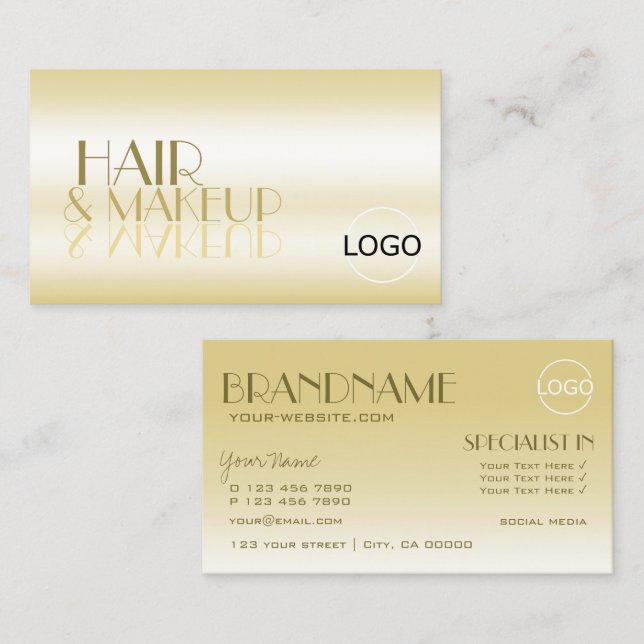 Cartão De Visita Letras de Espelho Chic Douradas Elegantes com Luxo (Frente/Verso)