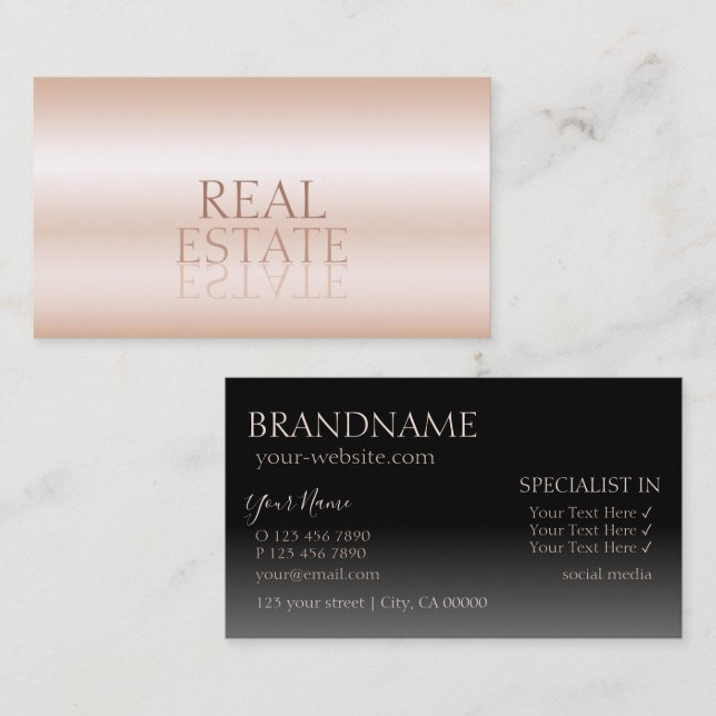 Cartão De Visita Letras de Espelho Preto Dourado Moderno Rosa (Frente/Verso)