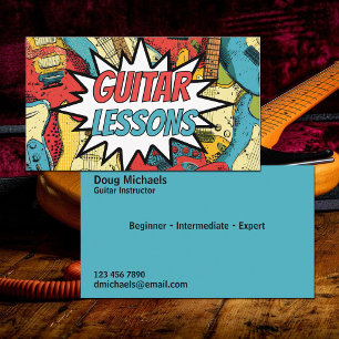 Cartão De Visita Lições de Guitarra com Design de Quadrinhos Retrô