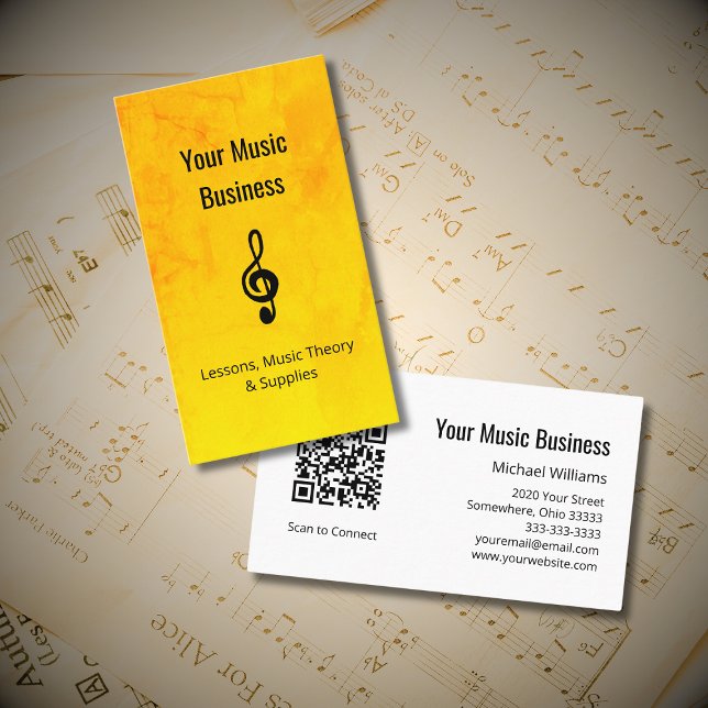 Cartão De Visita Lições de Música Código QR Treble Clef Dourado (Criador carregado)