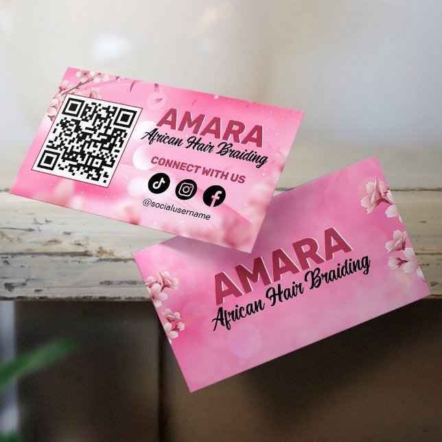 Cartão De Visita Ligação de Cabelo Rosa Girassol com o Código QR (Criador carregado)