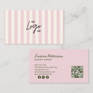 Cartão De Visita Light Pink & Ivory Stripes Bakery Logo QR Code