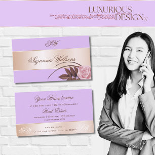 Cartão De Visita Lilás Dourado Decoração Flor Fofa com Iniciais