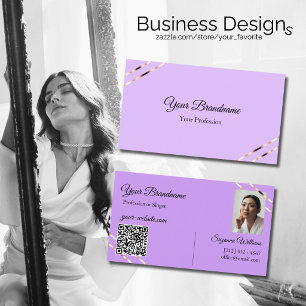 Cartão De Visita Lilás Lavanda com Linhas Dourado Rosa Código QR de