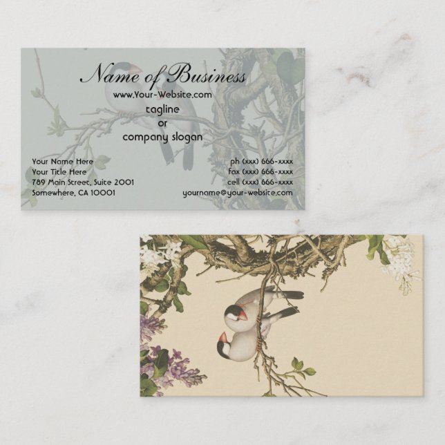 Cartão De Visita Lilases Roxos e Brancos com Pássaro Chinês Antiqua (Frente/Verso)