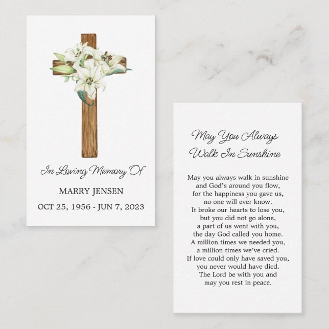 Cartão De Visita Lily Cross Memorial Funeral Prayer Card (Frente/Verso)