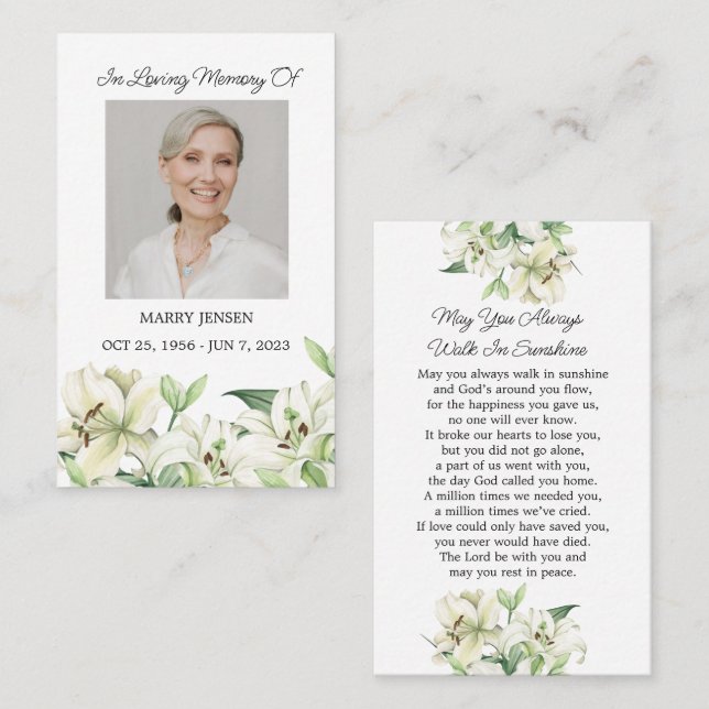 Cartão De Visita Lily Memorial Photo Funeral Prayer Card (Frente/Verso)