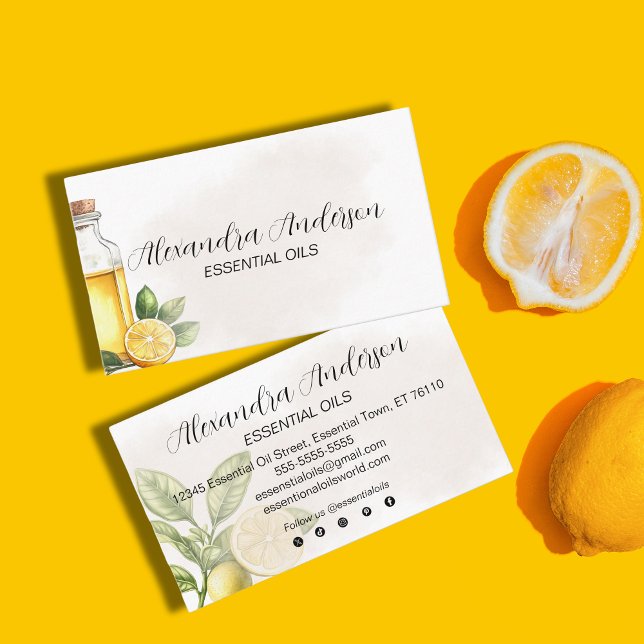 Cartão De Visita Limão Floral Elegante Óleos Essenciais (Elegant Floral Lemon Essential Oils Watercolor Business Card)