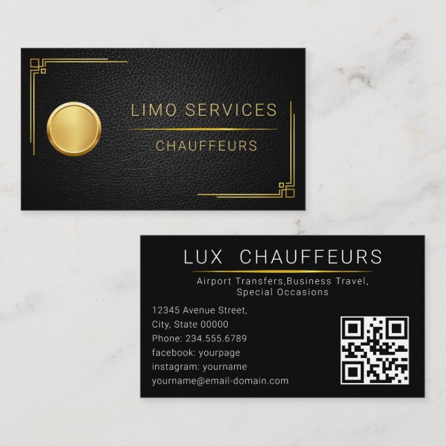 Cartão De Visita Limo Service limousine Minimal Black Elegant QR  (Frente/Verso)
