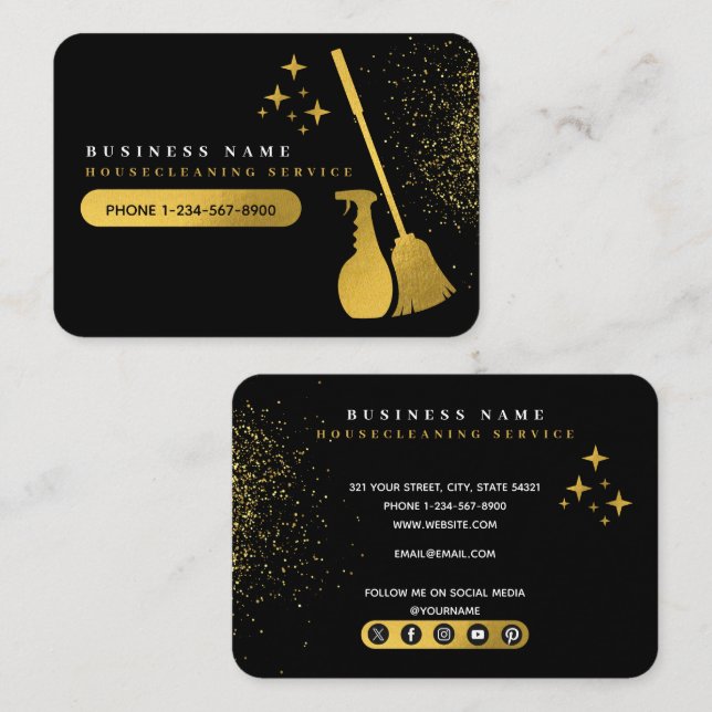 Cartão De Visita Limpando ícones negros e Dourados das mídias socia (Frente/Verso)