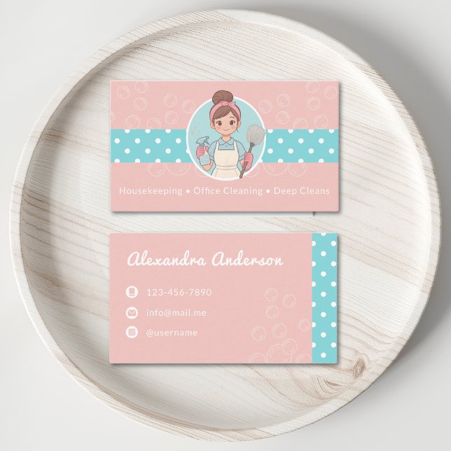 Cartão De Visita Limpando Lady Cartoon Rosa E Bolinhas Teal (Cleaning Lady Cartoon Pink And Teal Polka Dot Business Card)
