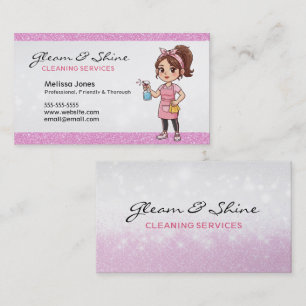 Cartão De Visita Limpando Lady Cleaner Mulher Rosa Faux Glitter