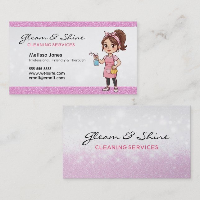 Cartão De Visita Limpando Lady Cleaner Mulher Rosa Faux Glitter (Frente/Verso)
