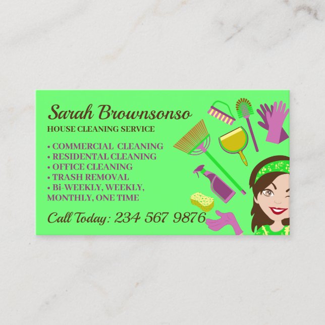 Cartão De Visita Limpeza da Casa de Cartoons da Mulher-Janista Verd (Frente)
