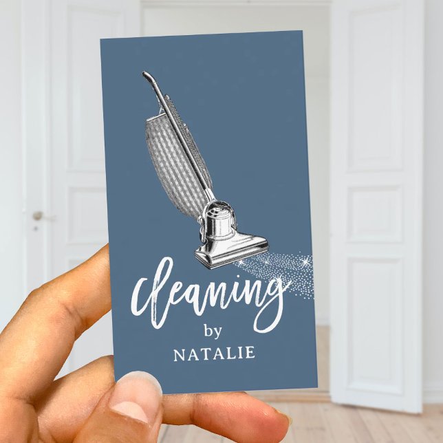 Cartão De Visita Limpeza Da Casa Retro Limpador De Vácuo Azul (Criador carregado)