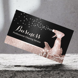 Cartão De Visita Limpeza de Casa Negra Floral Moderna Rosa Dourada