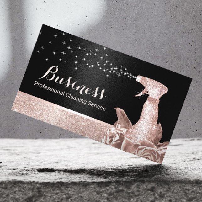 Cartão De Visita Limpeza de Casa Negra Floral Moderna Rosa Dourada (Criador carregado)