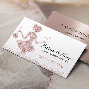 Cartão De Visita Limpeza de Maid E Duster De rosa Dourada Glitter