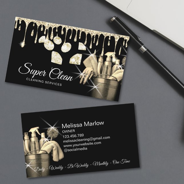 Cartão De Visita Limpeza Dourada de Casa Comercial (Glitter Gold Commercial House Cleaning Housekeeper Business Card)