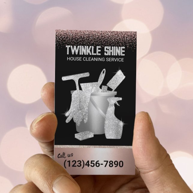 Cartão De Visita Limpeza em casa - Rosa de brilho Dourado do serviç (Criador carregado)