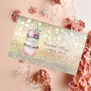 Cartão De Visita Linda Bokeh Elegante Macaron Padaria Cupcake