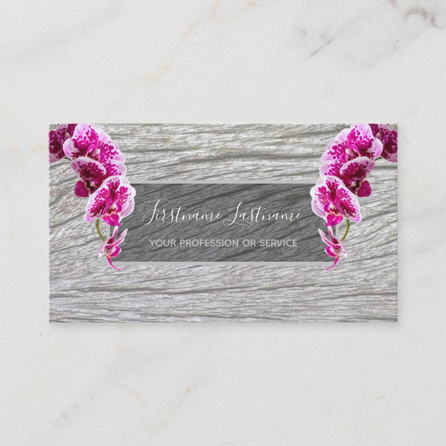 Cartão De Visita Linda orquídea rosa violeta floresce na madeira (Frente)