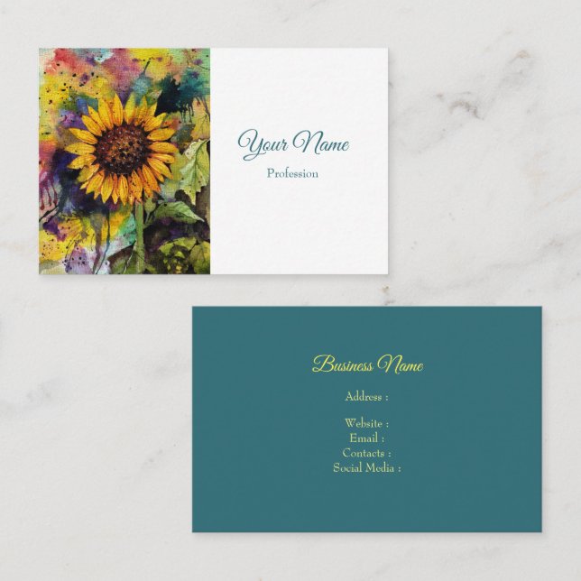 Cartão De Visita Lindo Girassol Em Aquarela (Frente/Verso)