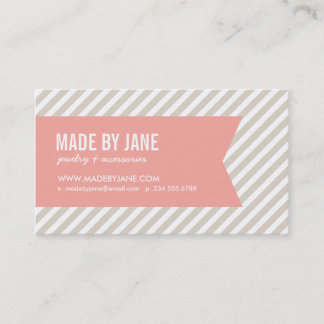 Cartão De Visita Linen Beige & Pink Modern Stripes & Ribbon