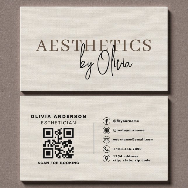 Cartão De Visita Linen Neutral Skincare Esthetician QR Code  (Criador carregado)