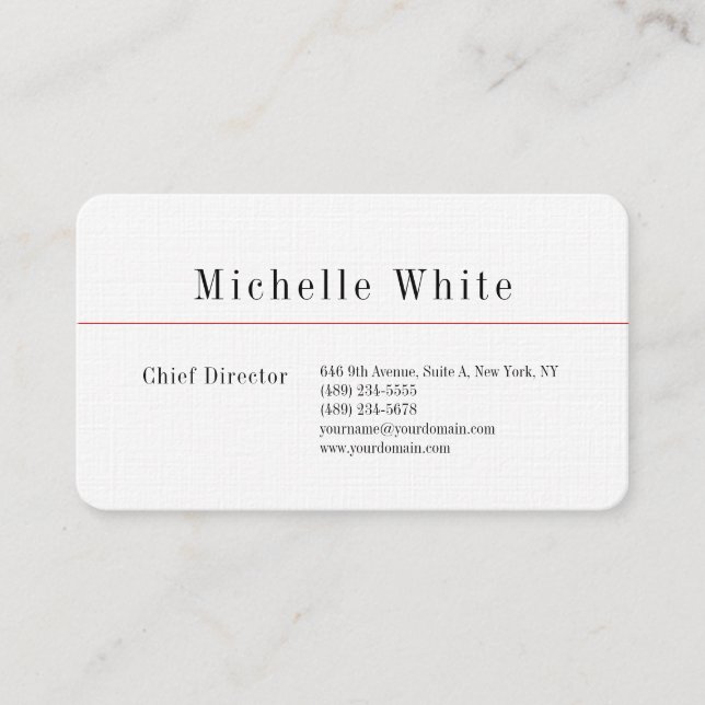 Cartão De Visita Linen Plain Elegant White Professional Modern (Frente)