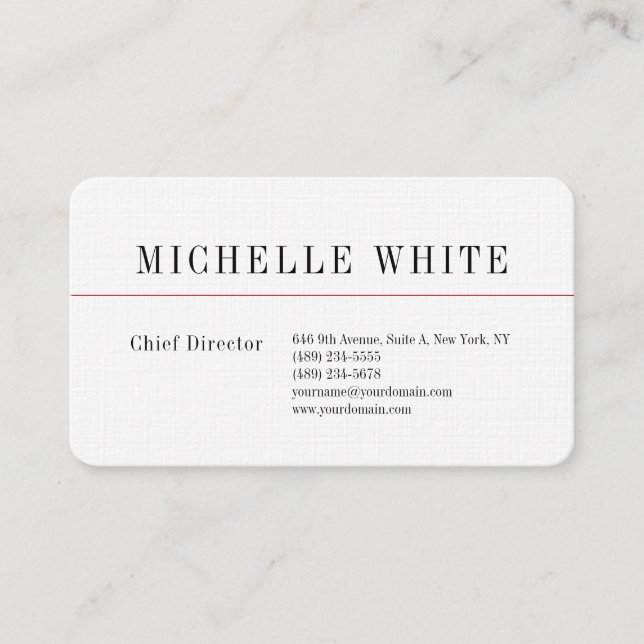 Cartão De Visita Linen Plain Elegant White Professional Modern (Frente)