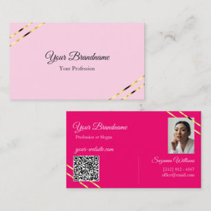 Cartão De Visita Linhas Douradas Rosa Claro e Quente com Código QR
