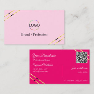 Cartão De Visita Linhas Douradas Rosa Claro e Quente com Código QR