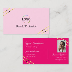 Cartão De Visita Linhas Douradas Rosa Claro e Quente com Foto de Lo