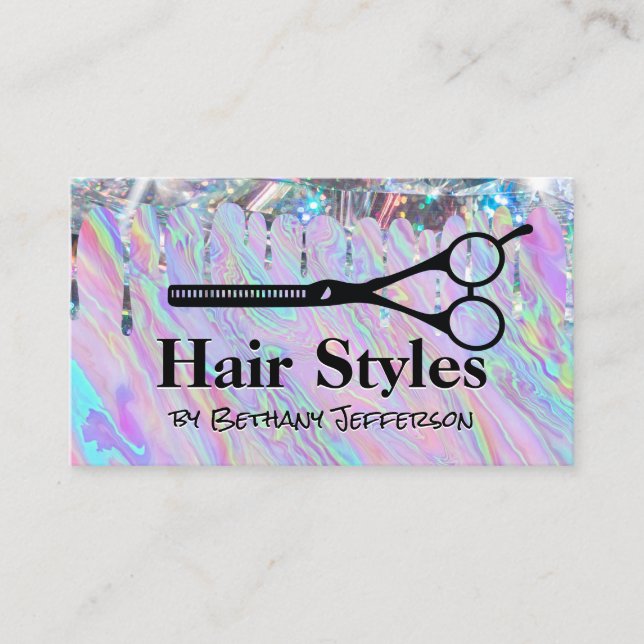 Cartão De Visita Líquido Iridescente | Derrame de Shimmer | Tesoura (Frente)