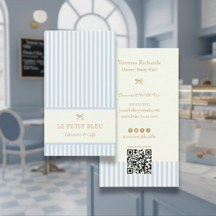 Cartão De Visita Listras Azuis Francesas Elegantes Padaria QR