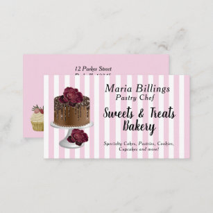 Cartão De Visita Listras brancas cor-de-rosa e pastelaria de bolos 