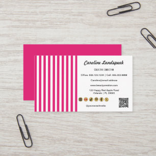 Cartão De Visita Listras Cor-de-Rosa e Brancas, Código QR e Ícone d