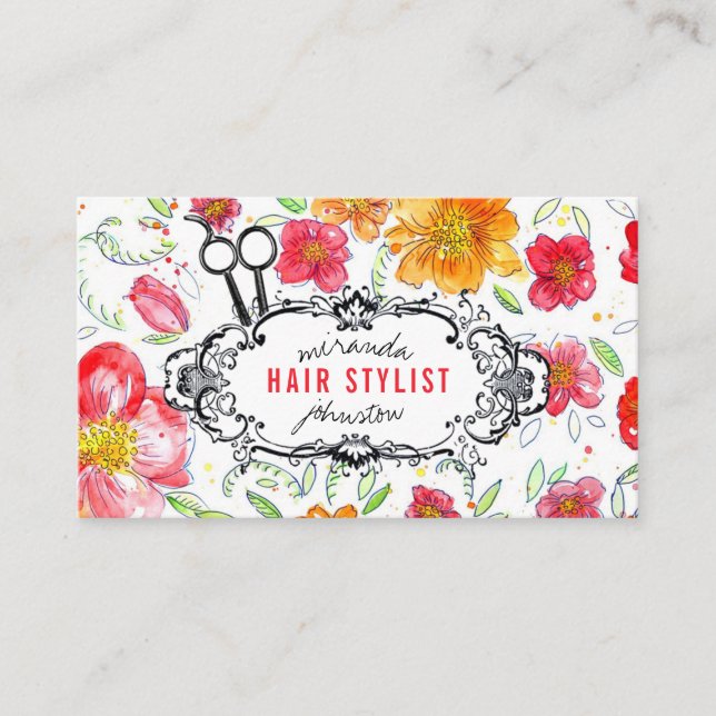Cartão De Visita listras florais do cabeleireiro do hairstylist do (Frente)