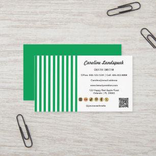 Cartão De Visita Listras Verdes Brancas & Código QR & Ícone de Mídi