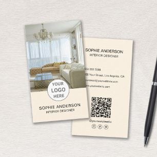 Cartão De Visita Logo Interior Designer Foto QR Social Media Cream