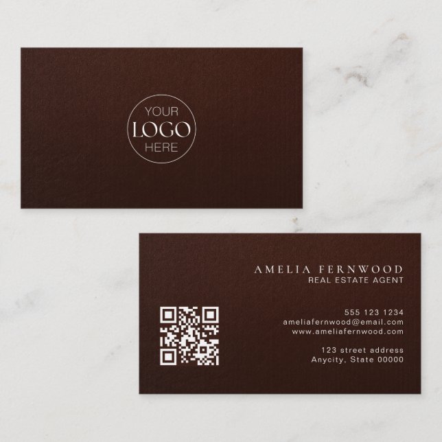 Cartão De Visita Logo | Luxury Leather Real Estate QR Code (Frente/Verso)