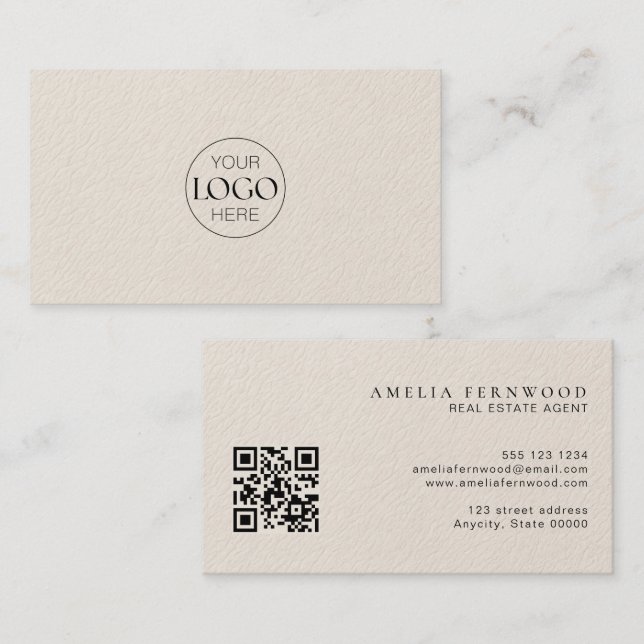 Cartão De Visita Logo | Luxury Leather Real Estate QR Code (Frente/Verso)