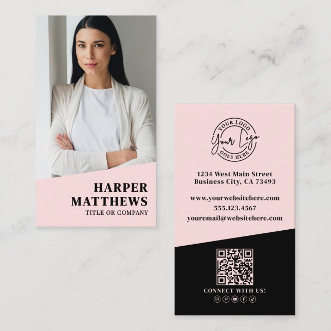 Cartão De Visita Logo QR Code Blush Pink (Frente/Verso)