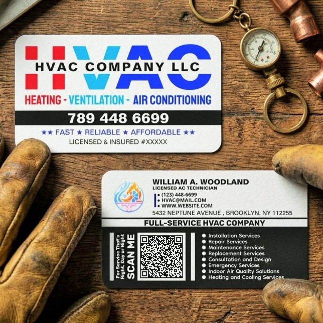 Cartão De Visita Logo, Qr Code & License - Modern AC Services, HVAC (custom modern HVAC business cards for contractors, HVAC business card template, heating and cooling)