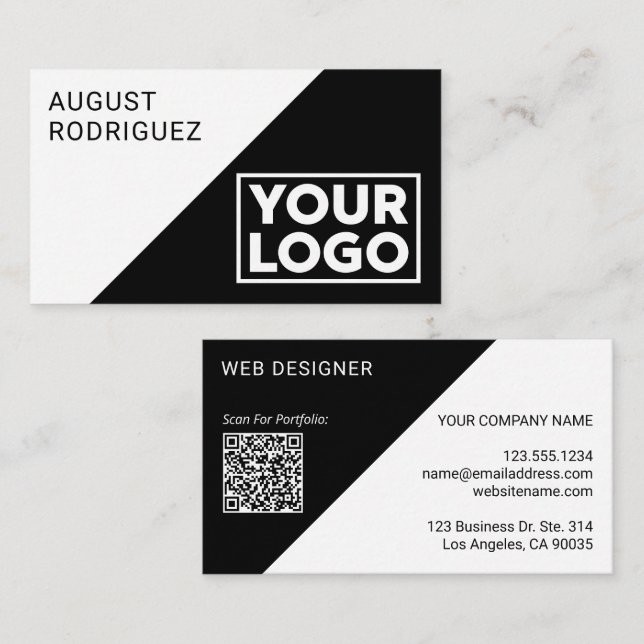 Cartão De Visita Logotipo amplo personalizado Código QR preto branc (Frente/Verso)
