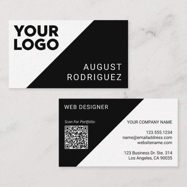 Cartão De Visita Logotipo amplo personalizado Código QR preto branc (Frente/Verso)